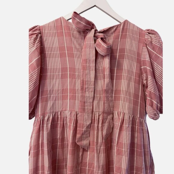 English Factory Pink Plaid Puff Sleeve Tie Back Tiered Midi Dress Women's M - Picture 7 of 8